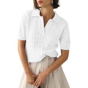 imageImily Bela Womens Cable Short Sleeve Sweaters Tops Solid Lapel V Neck Knit Casual Soft Pullover ShirtWhite