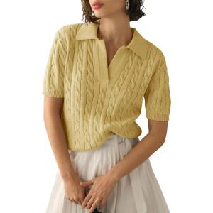 imageImily Bela Womens Cable Short Sleeve Sweaters Tops Solid Lapel V Neck Knit Casual Soft Pullover ShirtYellow