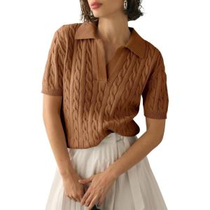 imageImily Bela Womens Cable Short Sleeve Sweaters Tops Solid Lapel V Neck Knit Casual Soft Pullover ShirtZbrown
