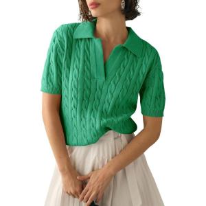 imageImily Bela Womens Cable Short Sleeve Sweaters Tops Solid Lapel V Neck Knit Casual Soft Pullover ShirtZgreen