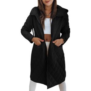imageImily Bela Womens Long Quilted Jackets Zip Up Hooded Drawstring Waist Coats with PocketsBlack