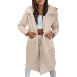 imageImily Bela Womens Long Quilted Jackets Zip Up Hooded Drawstring Waist Coats with PocketsKhaki