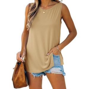 imageImily Bela Womens Loose Fit Casual Flowy Tank Tops Crewneck Trendy Sleeveless Side Split Summer Tops Clothes Outfits 2025Khaki