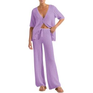 imageImily Bela Womens Summer 2 Piece Swimsuit Cover up Crochet Knit Cardigan Tops Long Pants Set Bathing Suit Beach OutfitLilac