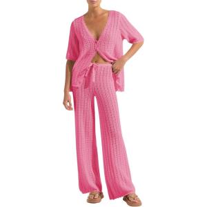 imageImily Bela Womens Summer 2 Piece Swimsuit Cover up Crochet Knit Cardigan Tops Long Pants Set Bathing Suit Beach OutfitPink