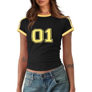 imageImily Bela Womens Summer Crop Tops Y2k Baby Tees Cute Letter Print Short Sleeve Vintage T ShirtBlack