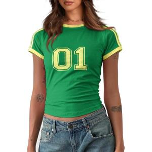 imageImily Bela Womens Summer Crop Tops Y2k Baby Tees Cute Letter Print Short Sleeve Vintage T ShirtGreen