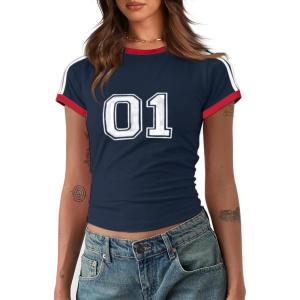 imageImily Bela Womens Summer Crop Tops Y2k Baby Tees Cute Letter Print Short Sleeve Vintage T ShirtNavy