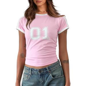 imageImily Bela Womens Summer Crop Tops Y2k Baby Tees Cute Letter Print Short Sleeve Vintage T ShirtPink