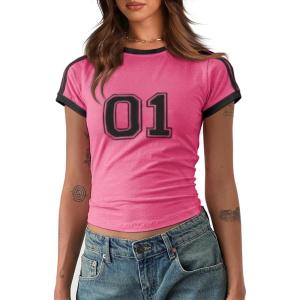 imageImily Bela Womens Summer Crop Tops Y2k Baby Tees Cute Letter Print Short Sleeve Vintage T ShirtRose Red