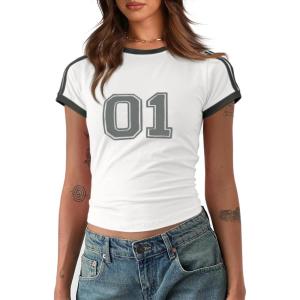 imageImily Bela Womens Summer Crop Tops Y2k Baby Tees Cute Letter Print Short Sleeve Vintage T ShirtWhite