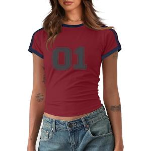 imageImily Bela Womens Summer Crop Tops Y2k Baby Tees Cute Letter Print Short Sleeve Vintage T ShirtWine Red