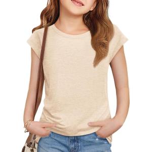 imageImily Bela Girls Short Cap Sleeve T Shirts Kids Crew Neck Casual Loose Summer Tops 514 YearsBeige