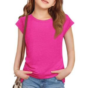 imageImily Bela Girls Short Cap Sleeve T Shirts Kids Crew Neck Casual Loose Summer Tops 514 YearsRose Red