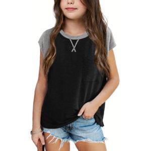 imageImily Bela Girls Summer T Shirts Casual Cap Sleeve Crewneck Raglan Tops with PocketBlack