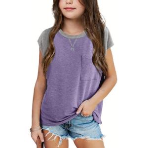 imageImily Bela Girls Summer T Shirts Casual Cap Sleeve Crewneck Raglan Tops with PocketDeep Purple
