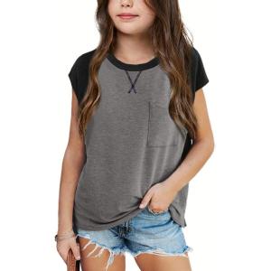imageImily Bela Girls Summer T Shirts Casual Cap Sleeve Crewneck Raglan Tops with PocketGrey