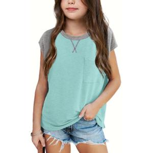 imageImily Bela Girls Summer T Shirts Casual Cap Sleeve Crewneck Raglan Tops with PocketLight Green
