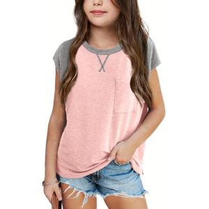 imageImily Bela Girls Summer T Shirts Casual Cap Sleeve Crewneck Raglan Tops with PocketLight Pink