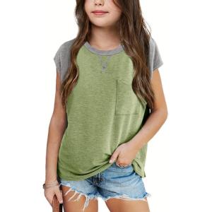 imageImily Bela Girls Summer T Shirts Casual Cap Sleeve Crewneck Raglan Tops with PocketOlive Drab