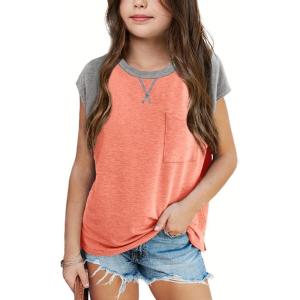 imageImily Bela Girls Summer T Shirts Casual Cap Sleeve Crewneck Raglan Tops with PocketOrange