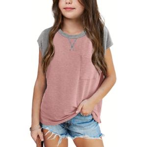imageImily Bela Girls Summer T Shirts Casual Cap Sleeve Crewneck Raglan Tops with PocketPink