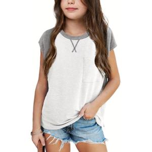 imageImily Bela Girls Summer T Shirts Casual Cap Sleeve Crewneck Raglan Tops with PocketWhite
