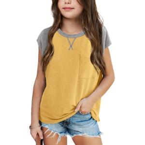 imageImily Bela Girls Summer T Shirts Casual Cap Sleeve Crewneck Raglan Tops with PocketYellow