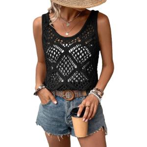 imageImily Bela Womens Summer Crochet Tank Tops Knit Sleeveless Scoop Neck Sweater Vest Boho Hollow Out Cover UpsBlack