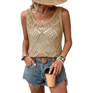imageImily Bela Womens Summer Crochet Tank Tops Knit Sleeveless Scoop Neck Sweater Vest Boho Hollow Out Cover UpsKhaki
