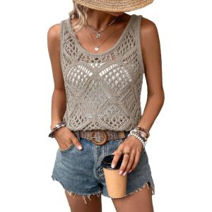 imageImily Bela Womens Summer Crochet Tank Tops Knit Sleeveless Scoop Neck Sweater Vest Boho Hollow Out Cover UpsLight Khaki