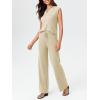 imageImily Bela Womens 2 Piece Outfits Sweater Sets Knit Summer Casual Crewneck Sleeveless Tops Wide Leg Pants TracksuitsBeige