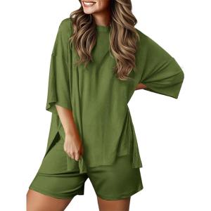 imageImily Bela Womens 2 Piece Lounge Sets Summer Casual Outfits Oversized 34 Sleeve T Shirts and Shorts Pajama Matching SetArmy Green