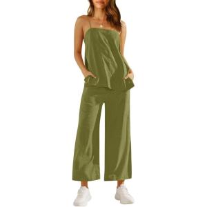 imageImily Bela Womens 2 Piece Outfits Linen Set Camisole Tops and Wide Leg Pants Vacation Matching LoungewearArmy Green