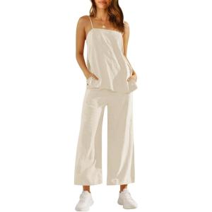 imageImily Bela Womens 2 Piece Outfits Linen Set Camisole Tops and Wide Leg Pants Vacation Matching LoungewearBeige