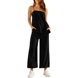 imageImily Bela Womens 2 Piece Outfits Linen Set Camisole Tops and Wide Leg Pants Vacation Matching LoungewearBlack