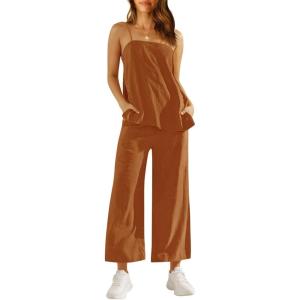 imageImily Bela Womens 2 Piece Outfits Linen Set Camisole Tops and Wide Leg Pants Vacation Matching LoungewearBrick Red