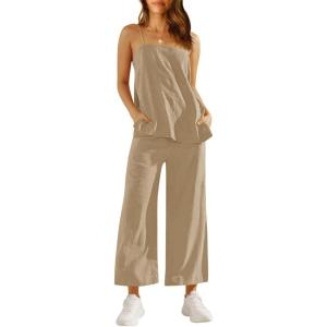imageImily Bela Womens 2 Piece Outfits Linen Set Camisole Tops and Wide Leg Pants Vacation Matching LoungewearKhaki