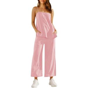 imageImily Bela Womens 2 Piece Outfits Linen Set Camisole Tops and Wide Leg Pants Vacation Matching LoungewearPink
