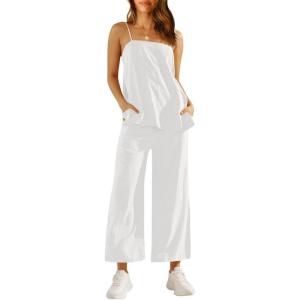imageImily Bela Womens 2 Piece Outfits Linen Set Camisole Tops and Wide Leg Pants Vacation Matching LoungewearWhite
