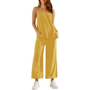 imageImily Bela Womens 2 Piece Outfits Linen Set Camisole Tops and Wide Leg Pants Vacation Matching LoungewearYellow
