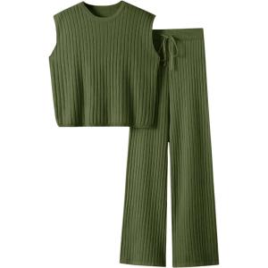 imageImily Bela Womens 2 Piece Outfits Sweater Sets Knit Summer Casual Crewneck Sleeveless Tops Wide Leg Pants TracksuitsArmy Green