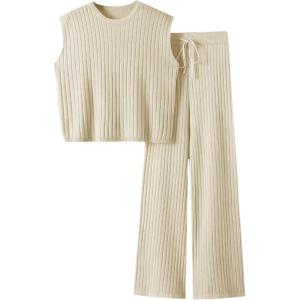 imageImily Bela Womens 2 Piece Outfits Sweater Sets Knit Summer Casual Crewneck Sleeveless Tops Wide Leg Pants TracksuitsBeige