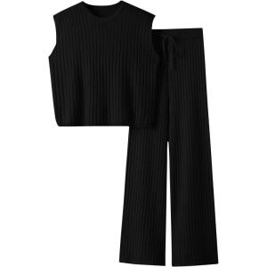 imageImily Bela Womens 2 Piece Outfits Sweater Sets Knit Summer Casual Crewneck Sleeveless Tops Wide Leg Pants TracksuitsBlack