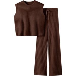 imageImily Bela Womens 2 Piece Outfits Sweater Sets Knit Summer Casual Crewneck Sleeveless Tops Wide Leg Pants TracksuitsCoffee