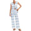 imageImily Bela Womens 2 Piece Cover up Crochet Sets Striped Sleeveless Vest Tops Wide Leg Pants Summer Knit Matching SetBlue