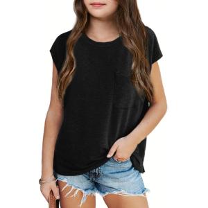 imageImily Bela Girls Cap Sleeve Summer Tops Casual Crewneck Loose Tshirts with PocketBlack
