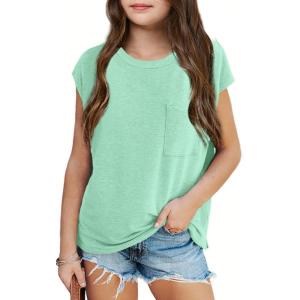 imageImily Bela Girls Cap Sleeve Summer Tops Casual Crewneck Loose Tshirts with PocketLight Green