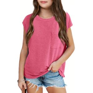 imageImily Bela Girls Cap Sleeve Summer Tops Casual Crewneck Loose Tshirts with PocketPicture