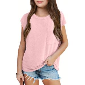 imageImily Bela Girls Cap Sleeve Summer Tops Casual Crewneck Loose Tshirts with PocketPink